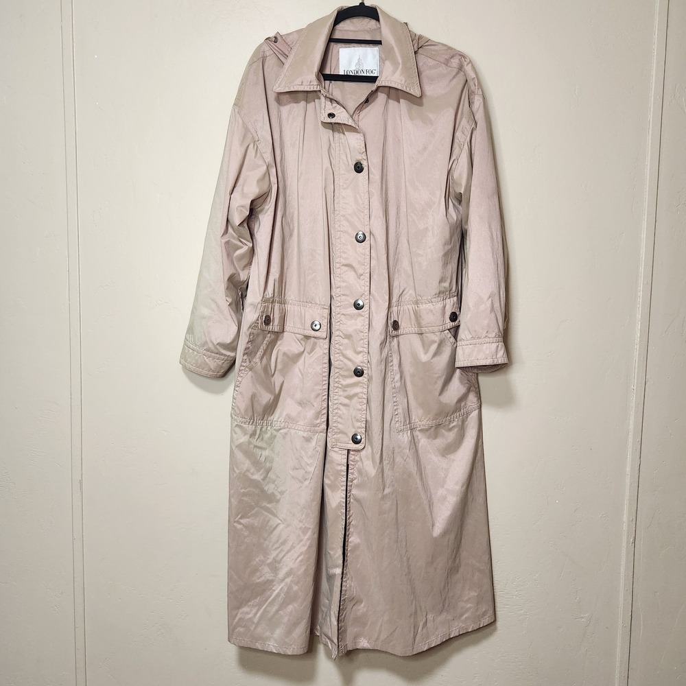 London Fog Trench Coat Long Womens‎ Size 12 Regular Hooded Zipper Button